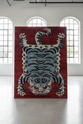 Afghan Contemporary Tiger Crimson & Azul – Hand-Knotted Wool | 5x7