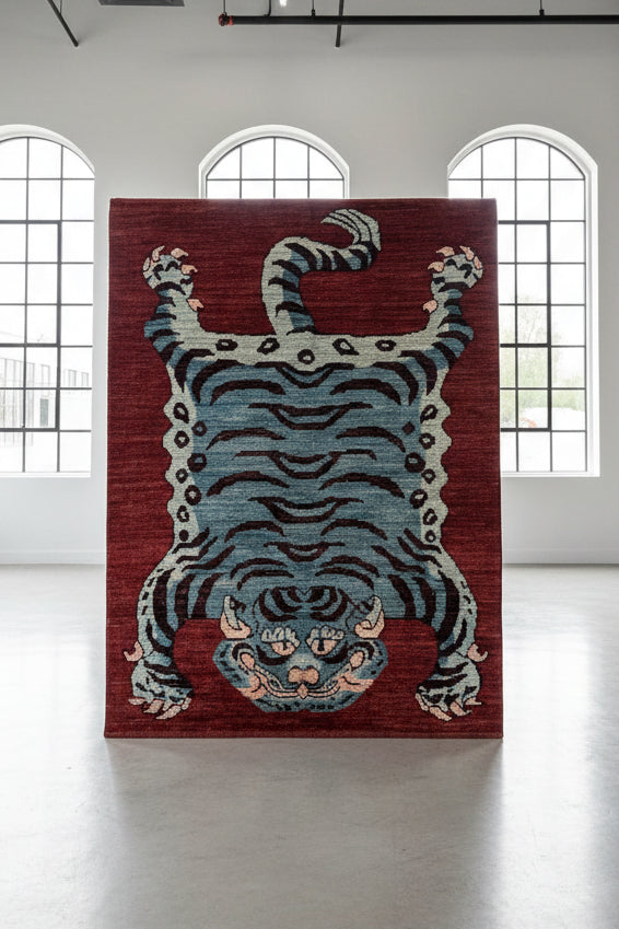 Afghan Contemporary Tiger Crimson & Azul – Hand-Knotted Wool | 5x7