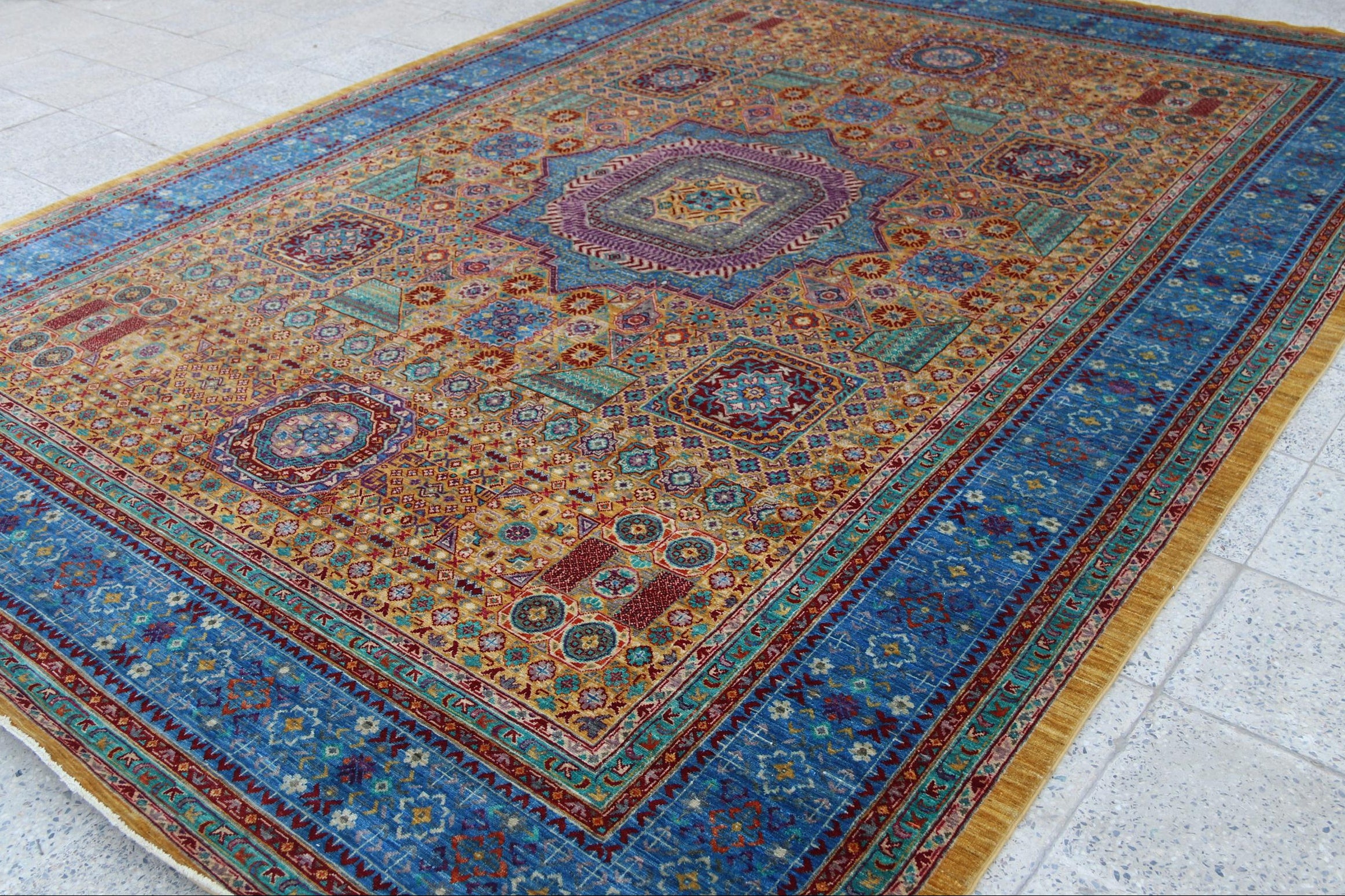 Grand Mamluk Revival in Gold & Azul – Hand-Knotted Wool | 9x12